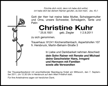 Traueranzeige von Christine Kuhr von Hersbrucker Zeitung